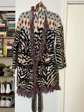 Anthropologie Paloma Fringed Animal Print Wrap Cardigan Sweater